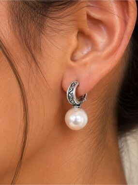 Estate Sterling Silver Faux Pearl Ornate Earrings Quality